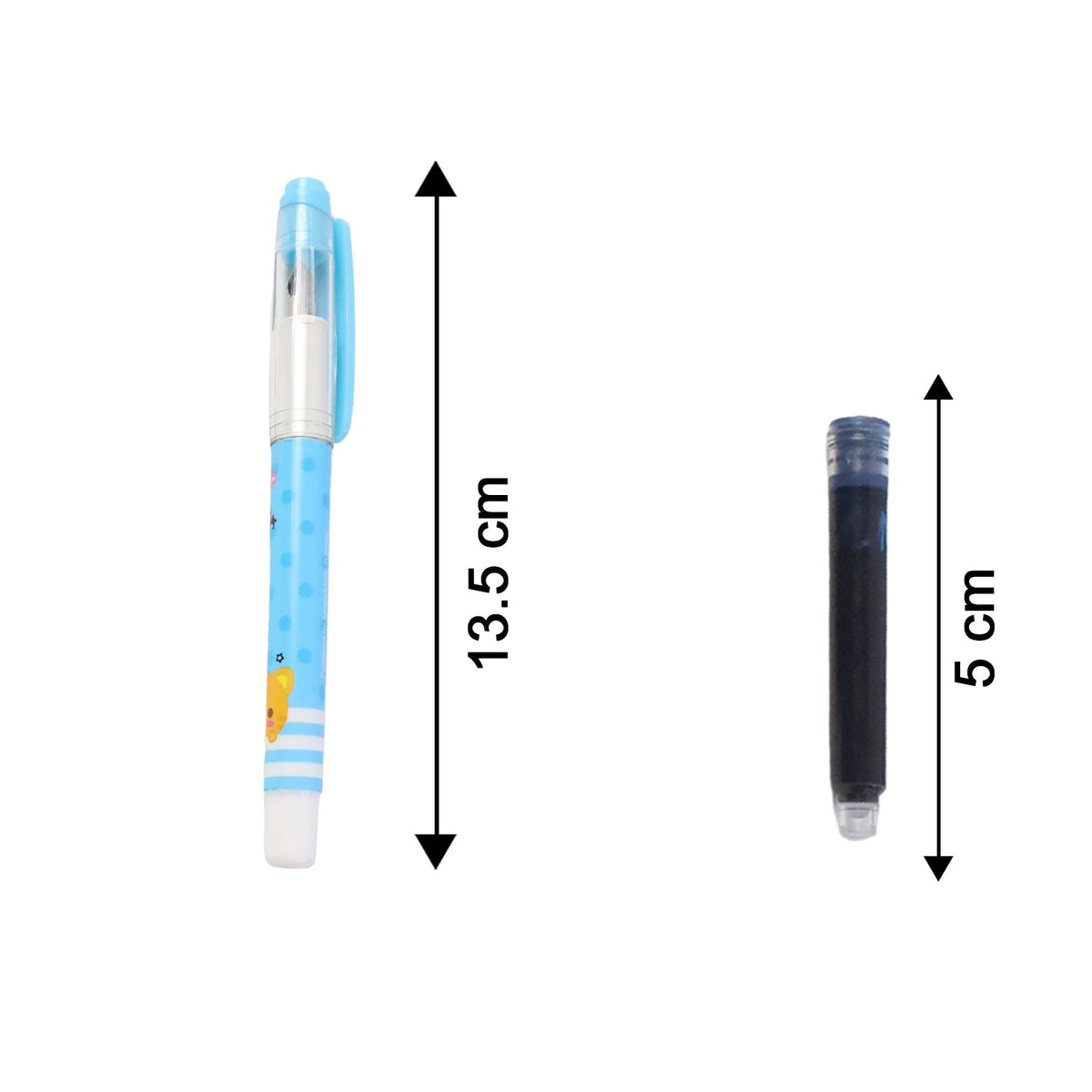 A light blue cartoon animal fountain pen and a single black ink cartridge with their dimensions displayed.