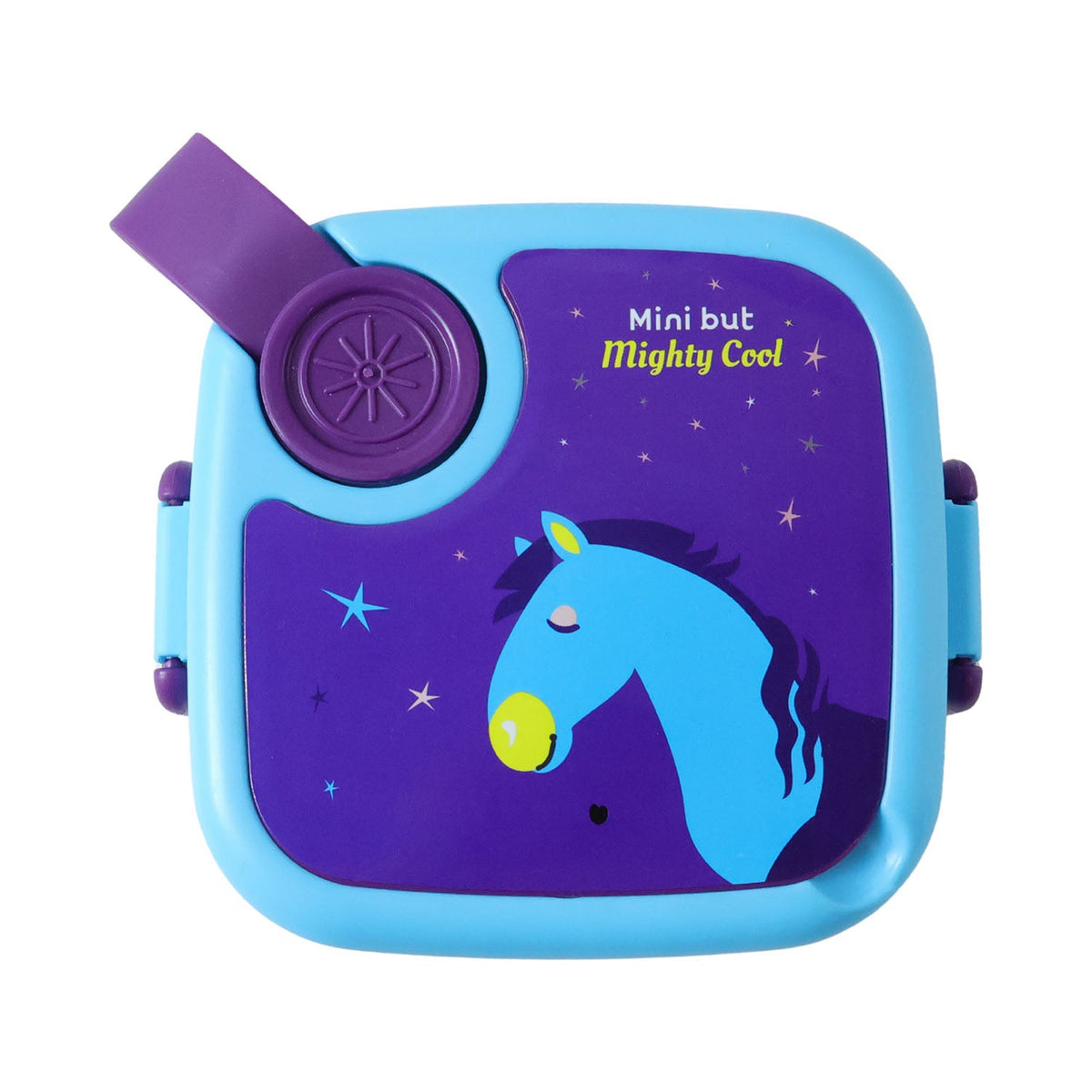 A top-down view of the closed blue and purple lunch box with a horse print and a purple carry strap.