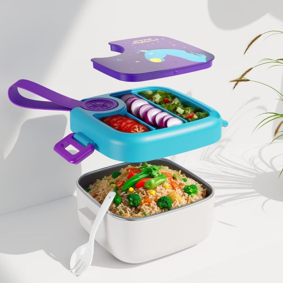 A blue and purple lunch box with a horse print lid, with its components separated and filled with food, against a white