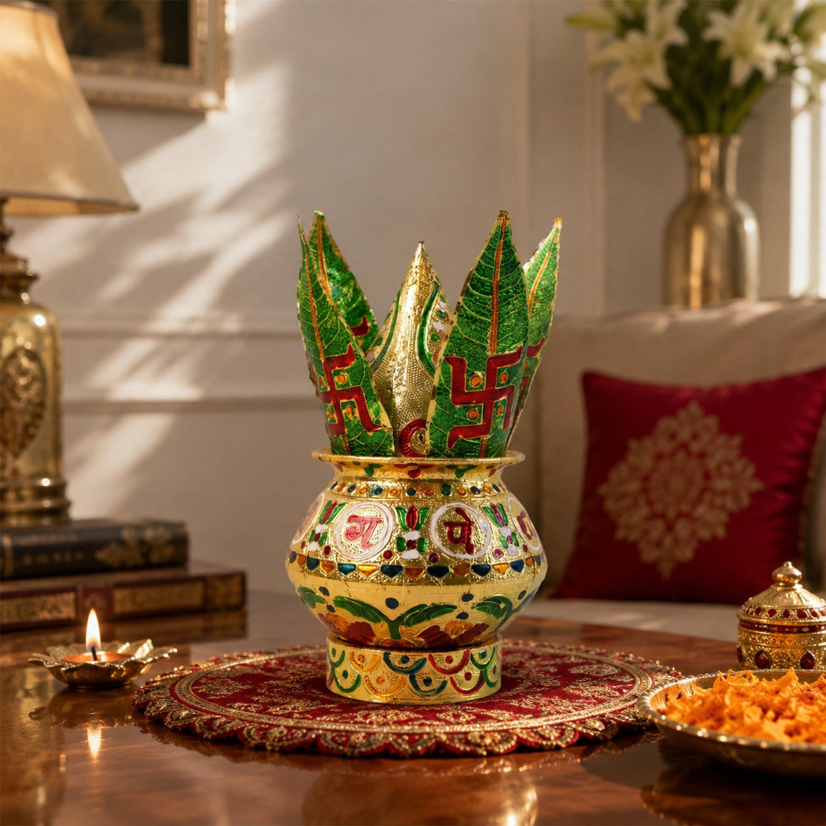 A golden metal Kalash with green leaves on a red mat with a lamp and sweets.
