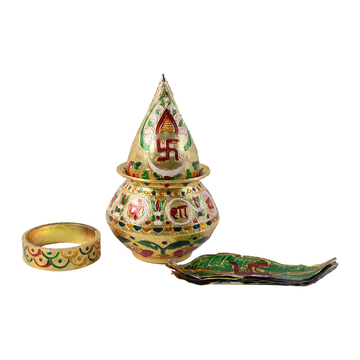 A golden metal Kalash with a pointed top, a ring, and a leaf-shaped dish on white.