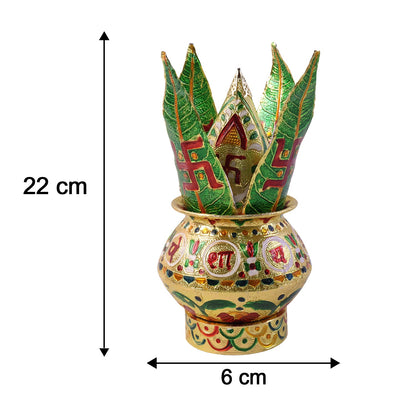 A golden metal Kalash with green leaves, showing dimensions of 22 cm height and 6 cm width.
