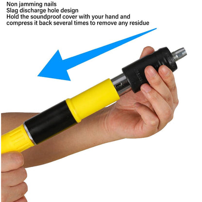 Close-up of hands demonstrating how to compress the soundproof cover of the yellow and black nail gun.