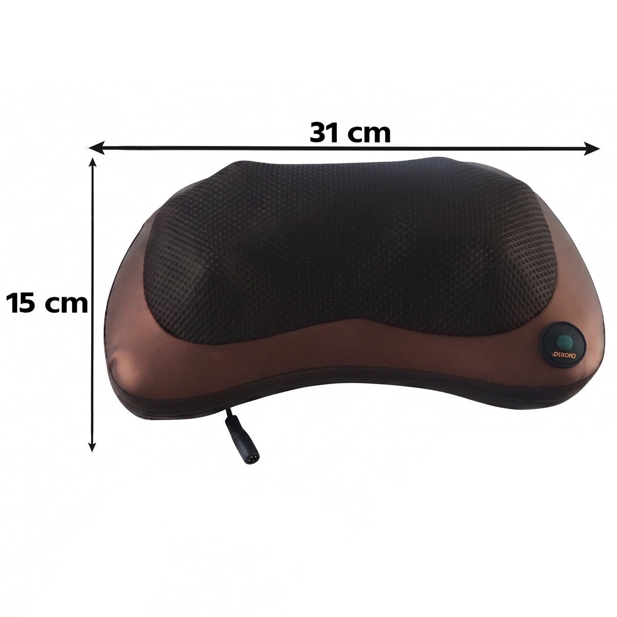 A brown massage pillow with dimensions of 31 cm length and 15 cm width indicated by arrows on a white background.