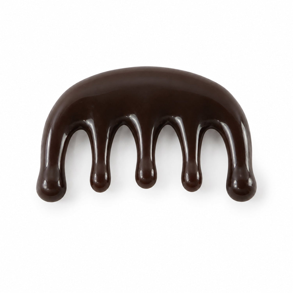 A dark brown resin scalp massager with five rounded prongs is centered on a plain white background.