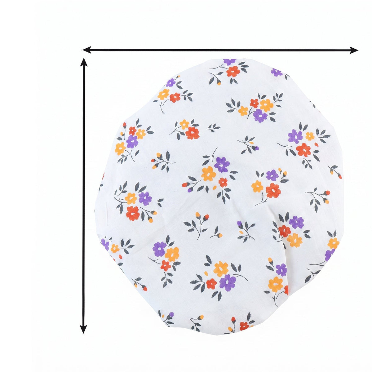 White elasticated food cover with colorful floral print, showing approximate dimensions with arrows.