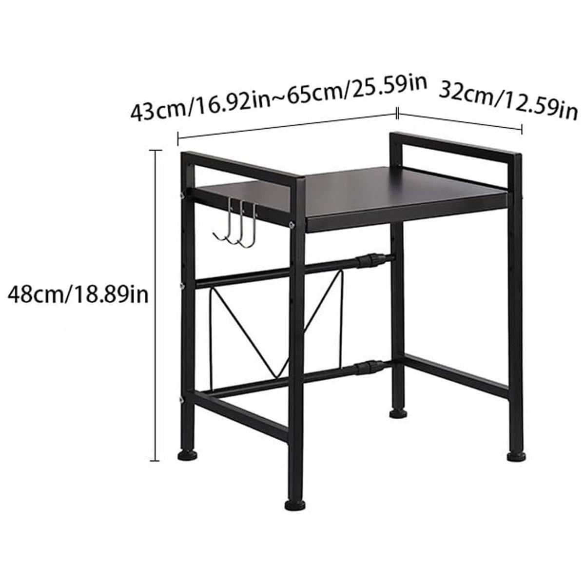 Black metal microwave oven rack with dimensions displayed in centimeters and inches on a white background.