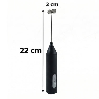 A black handheld electric milk frother is shown with white text indicating its total length of 22 cm and whisk width of 3 cm.