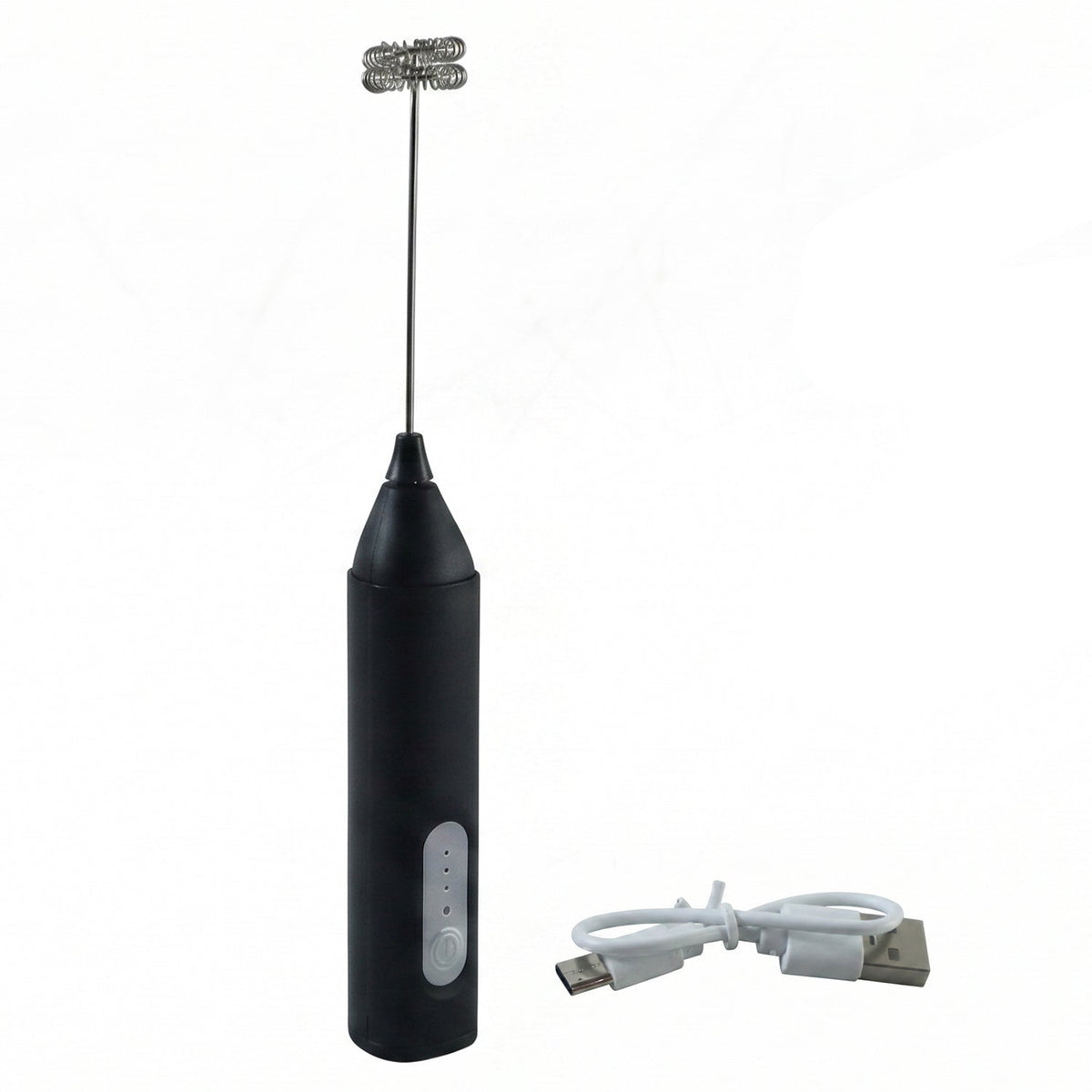 A black handheld electric milk frother with a double whisk head stands next to a coiled white USB charging cable on a white