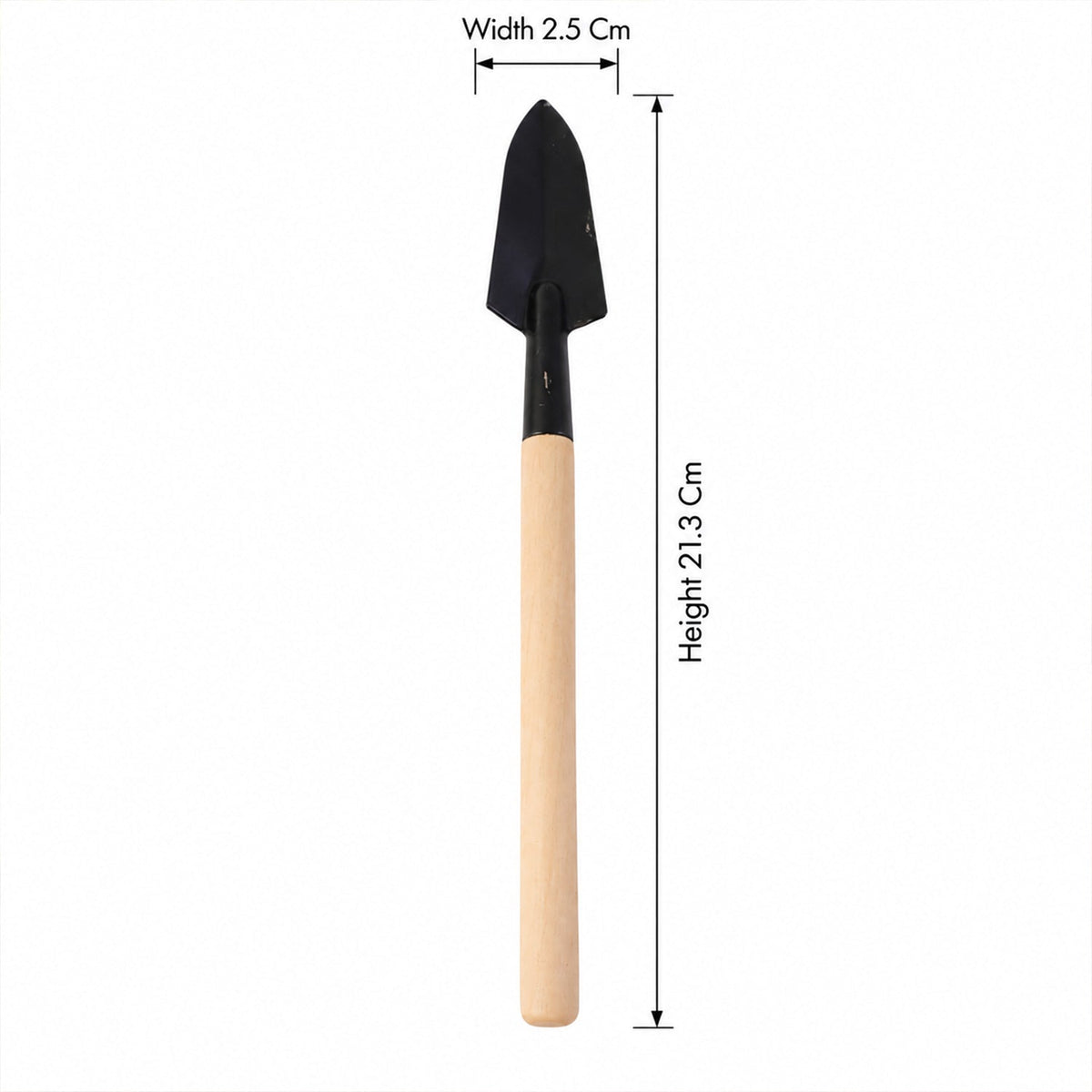 A single black trowel with a light wooden handle is shown with its width and height dimensions indicated.