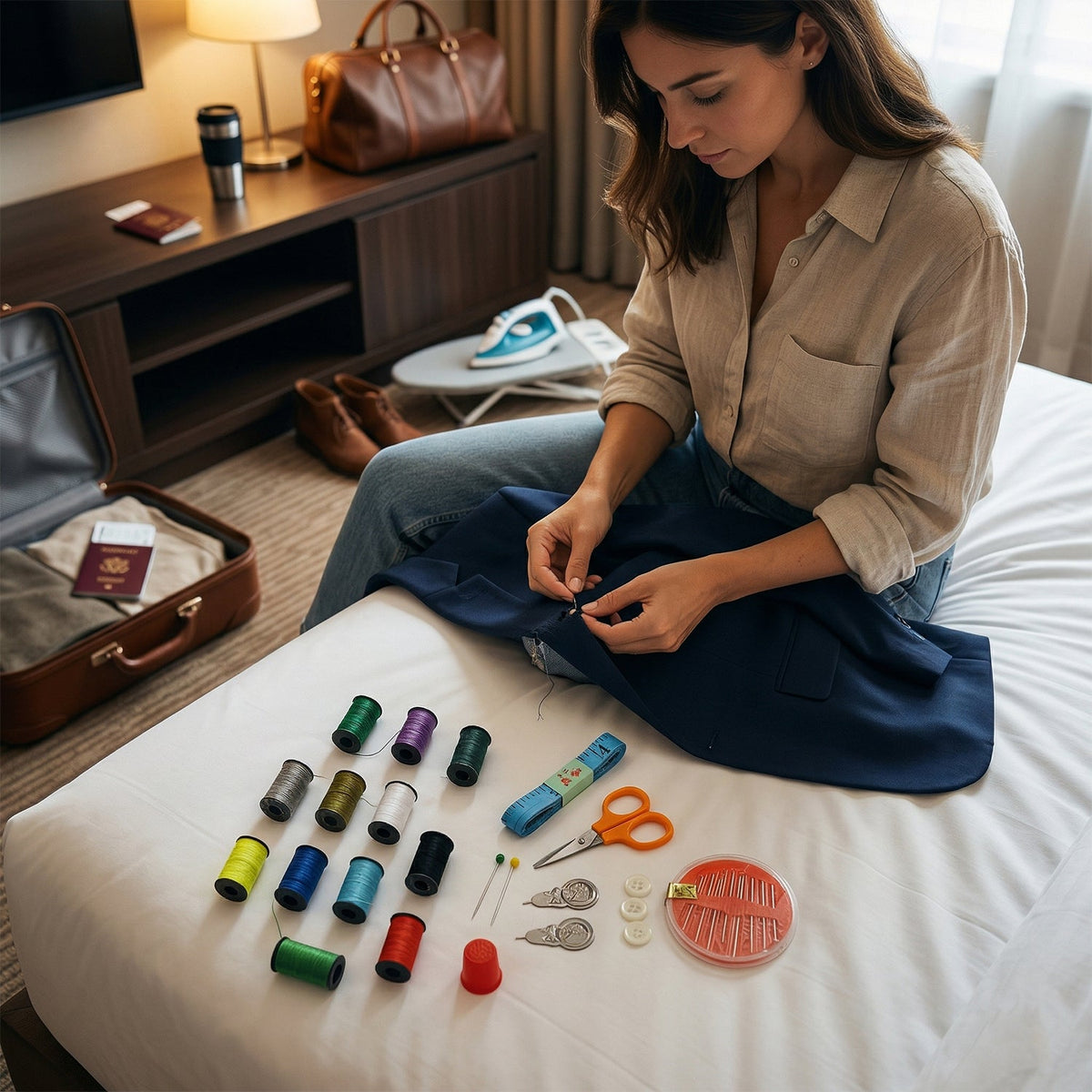 A woman sits on a bed, sewing a button onto a blue garment, with a sewing kit and various colorful threads laid out beside