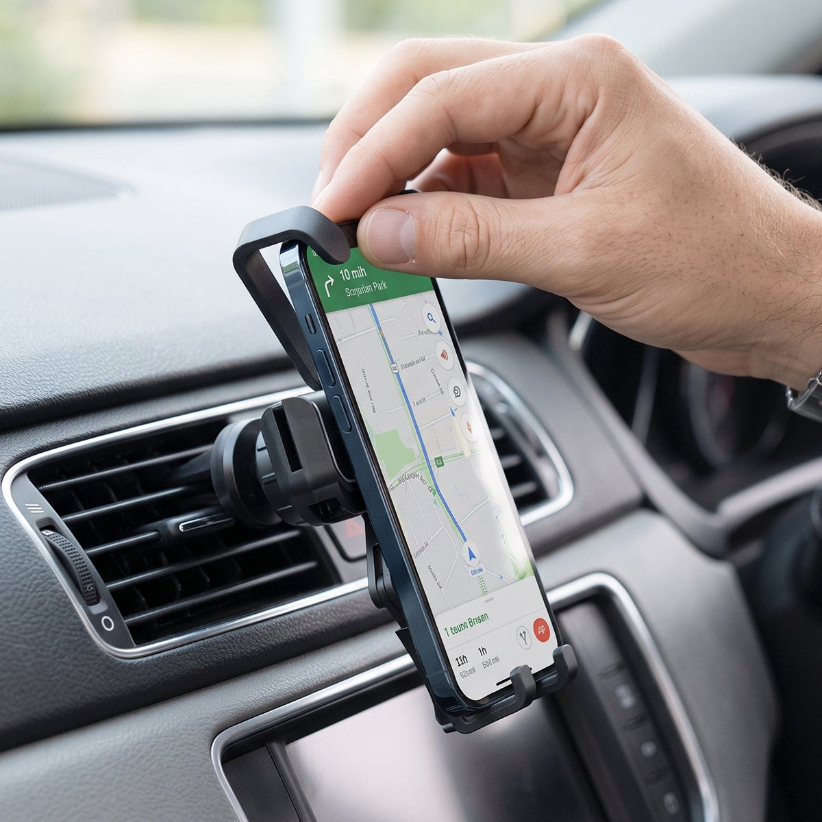 A hand placing a smartphone with a map on its screen into a black car air vent phone holder.