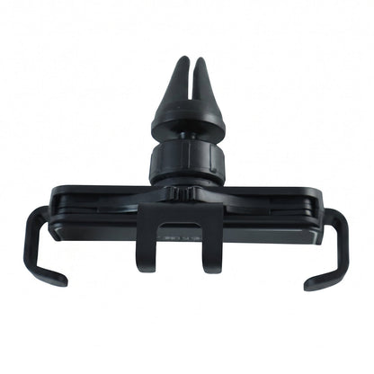 A black plastic car air vent phone holder with a white background.