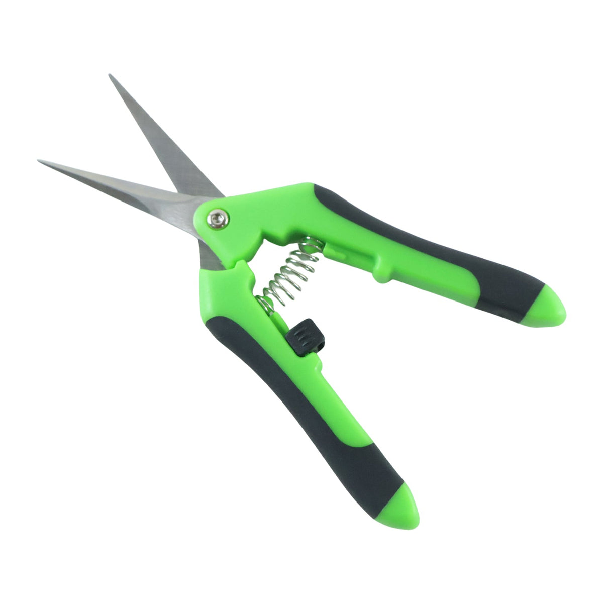 Green and black snips with stainless steel blades and a visible spring mechanism, isolated on a white background.