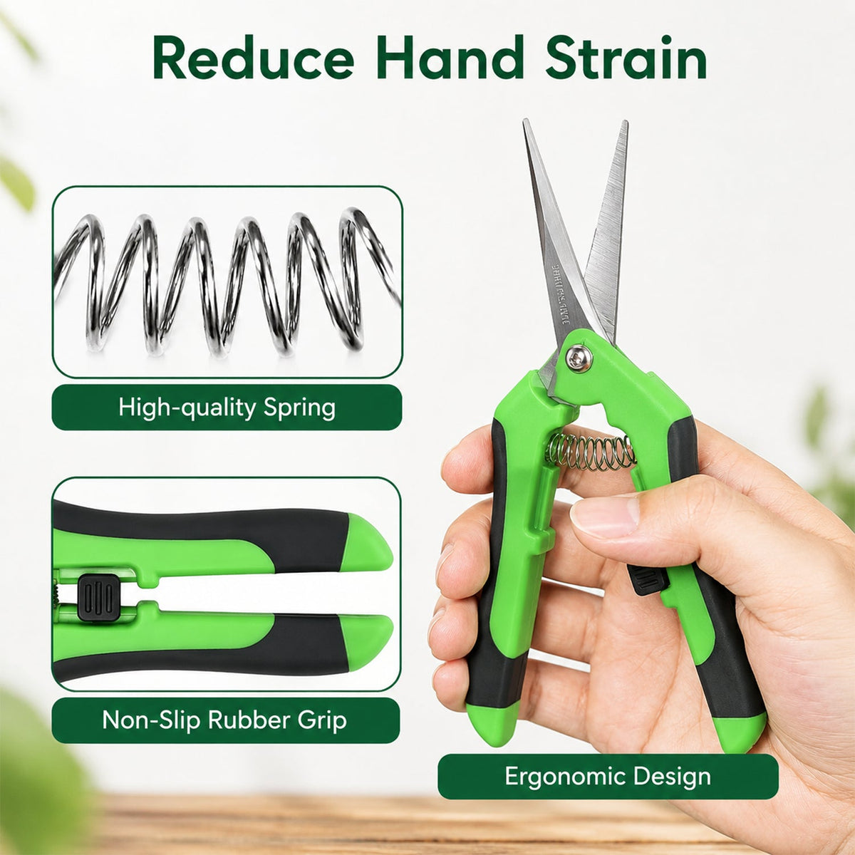 A hand holds green and black snips, with insets highlighting the high-quality spring and non-slip rubber grip.