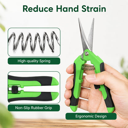 A hand holds green and black snips, with insets highlighting the high-quality spring and non-slip rubber grip.