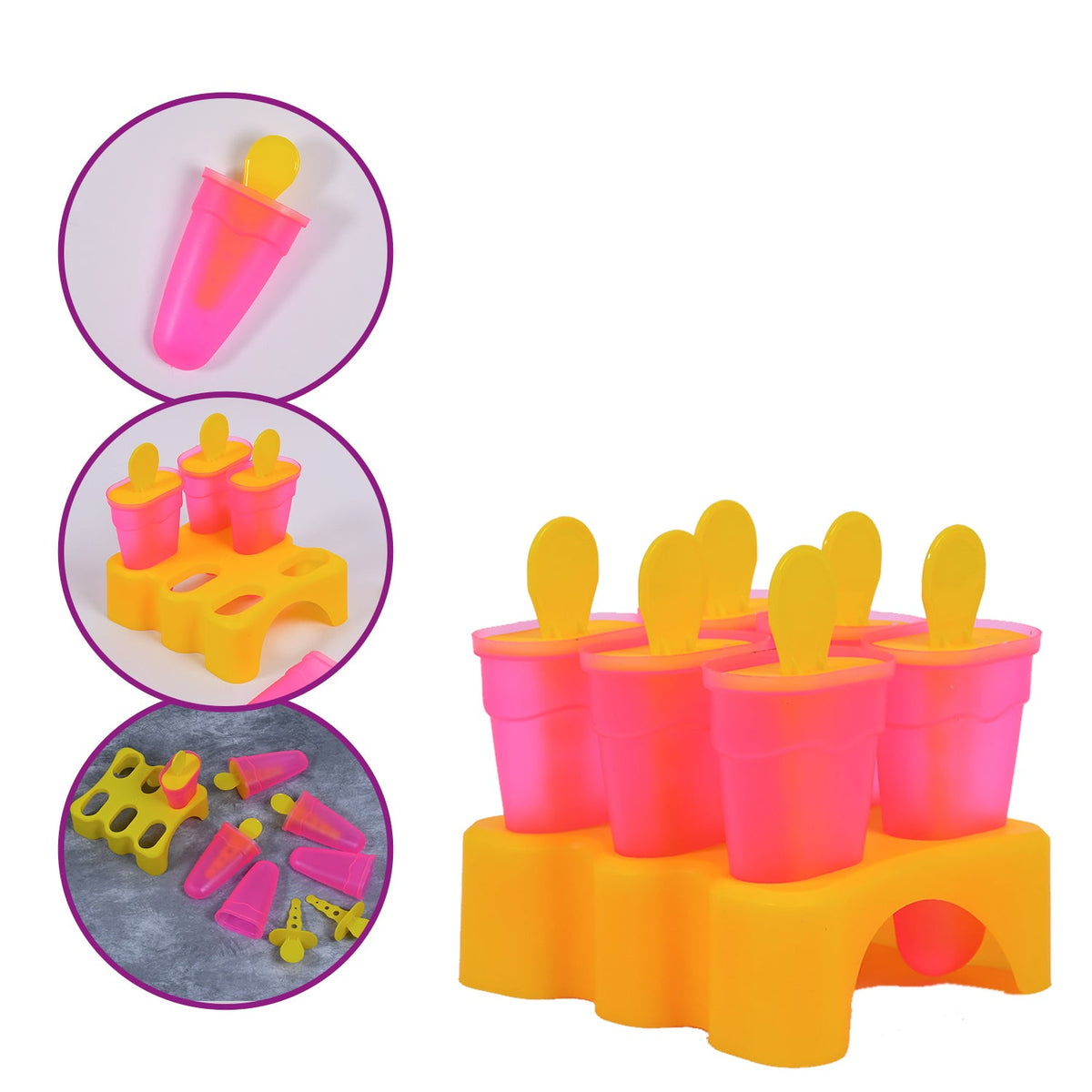 Six pink and yellow popsicle molds in a yellow stand, with three circular insets showing close-ups of the molds.
