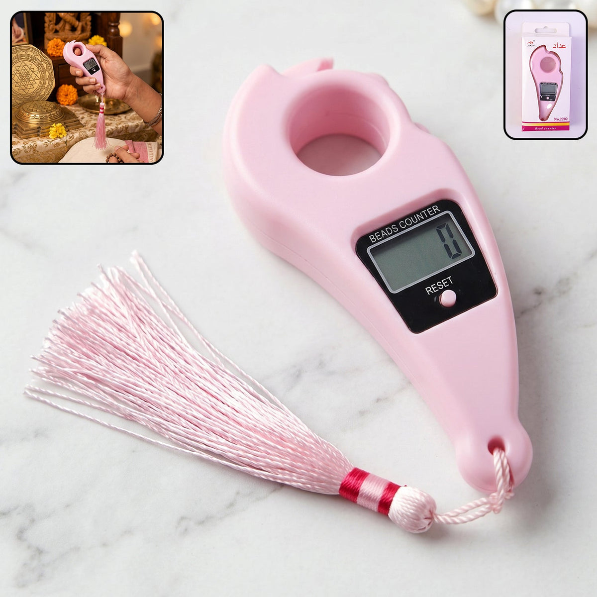 Pink digital finger ring beads counter with a tassel, displayed on a white marble surface with an inset showing it in use.