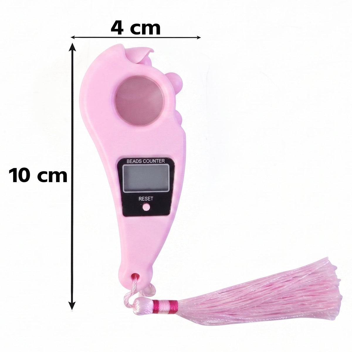 Pink digital beads counter with a tassel, displaying its dimensions of 10 cm length and 4 cm width on a white background.