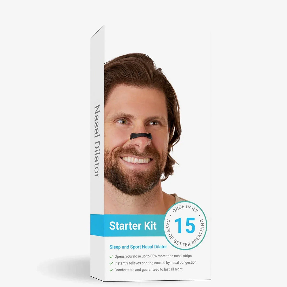 White box for nasal dilator starter kit with a smiling man wearing a black nasal strip.