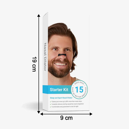 White box for nasal dilator starter kit with a smiling man wearing a black nasal strip, showing dimensions of 19cm height
