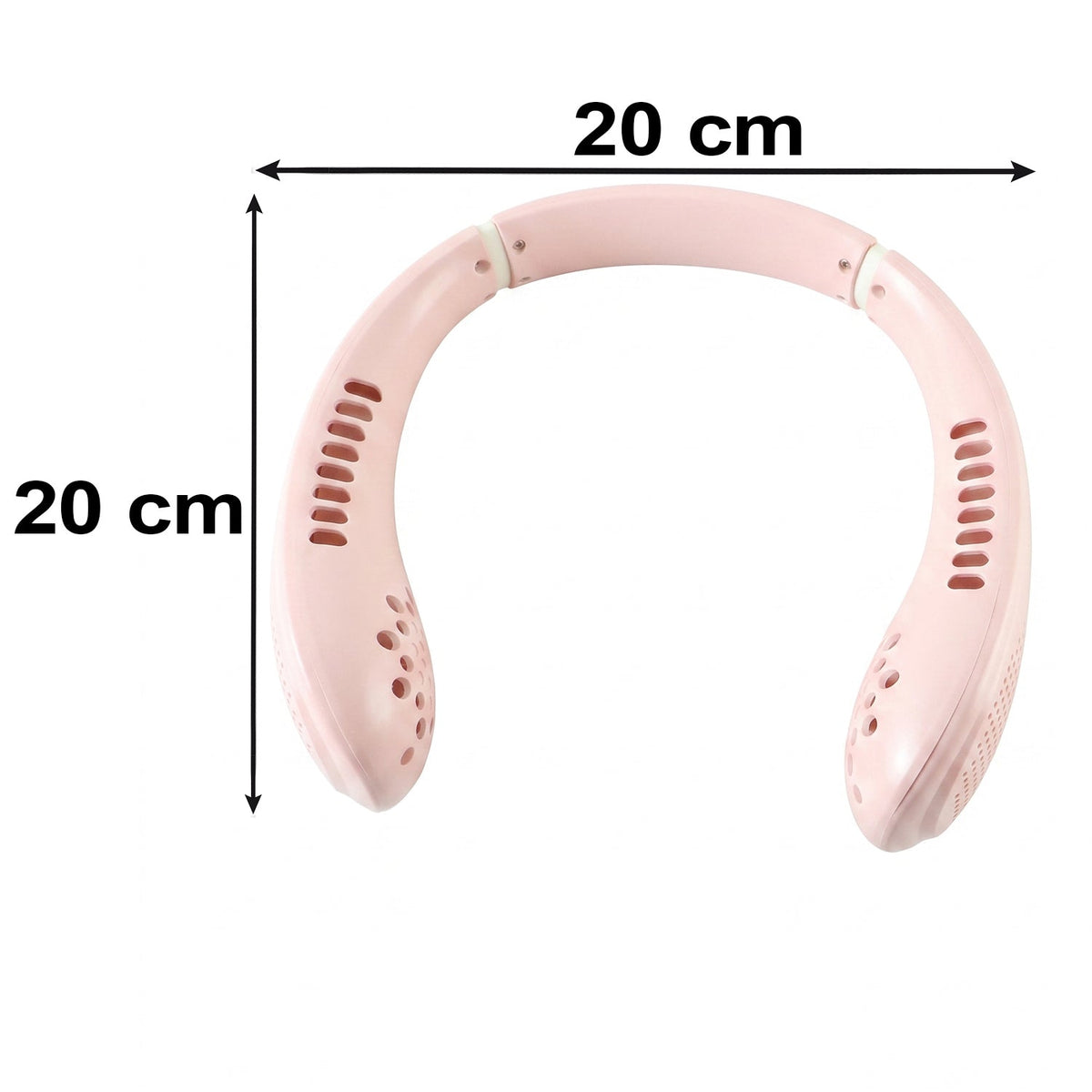 A pink portable neck fan with dimensions of 20 cm by 20 cm indicated by black arrows and text.