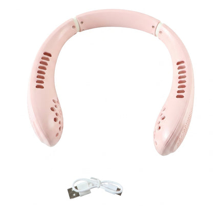 A pink portable neck fan shown with a white USB charging cable on a plain white background.