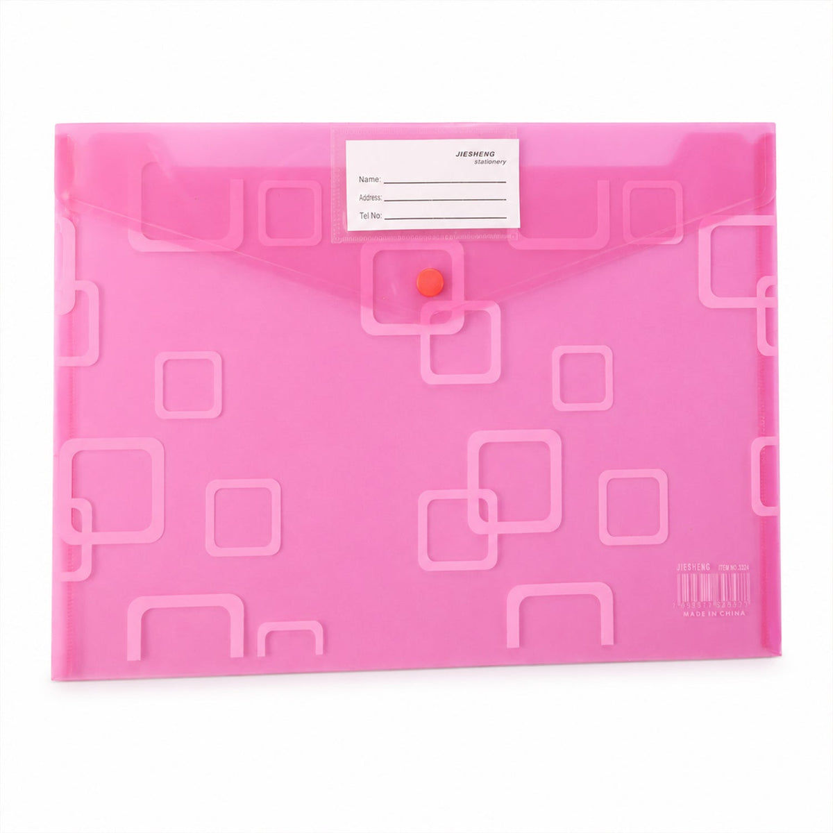 A closed pink plastic document folder with a button closure and a white label, on a white background.