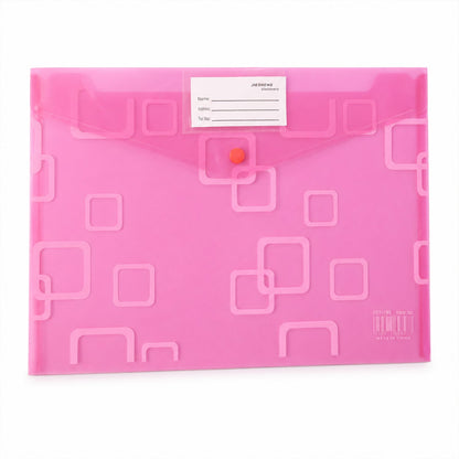 A closed pink plastic document folder with a button closure and a white label, on a white background.