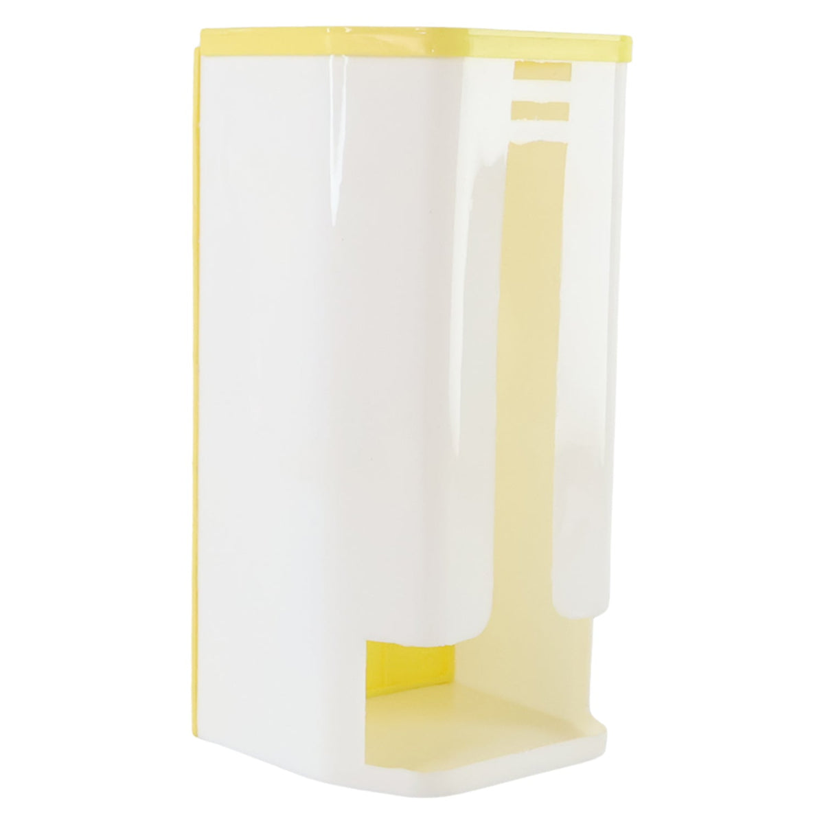A white and yellow plastic bag dispenser is shown from a slight angle on a white background.