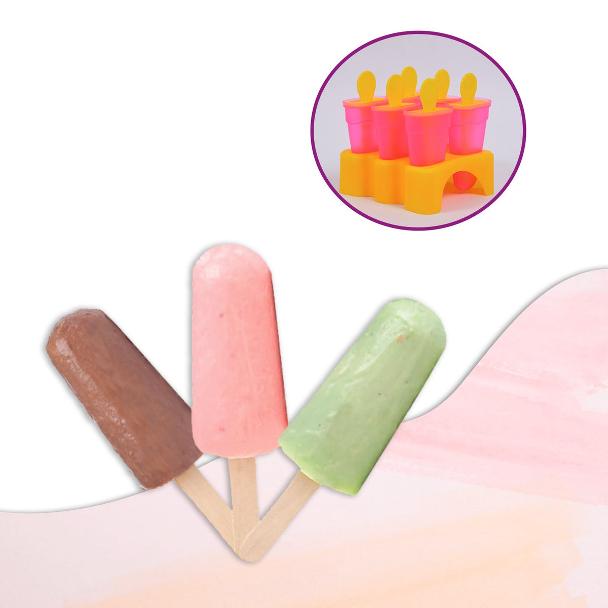 Three colorful popsicles on wooden sticks, with a small circular inset showing the pink and yellow mold set.