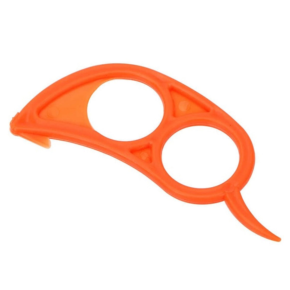 A single orange plastic citrus peeler with two finger holes and a pointed end is shown on a white background.