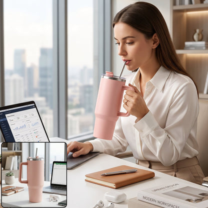 A woman sips from a pink travel tumbler with a straw while working on a laptop at an office desk