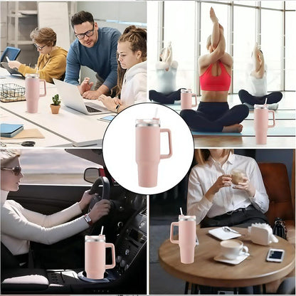 A collage shows the pink tumbler being used in various settings: office, yoga, car, and cafe.