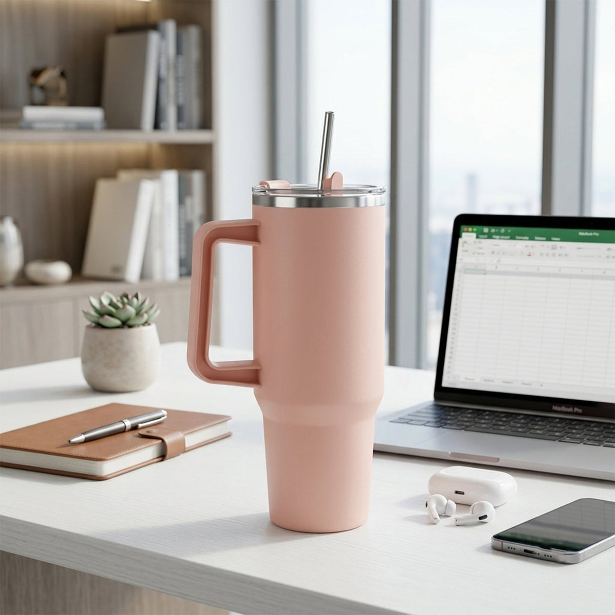 A pink travel tumbler with a handle and straw sits on a desk next to a laptop, notebook, and wireless earbuds.