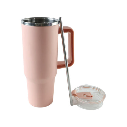 A pink travel tumbler with a handle, a metal straw, and its clear lid are isolated on a white background.