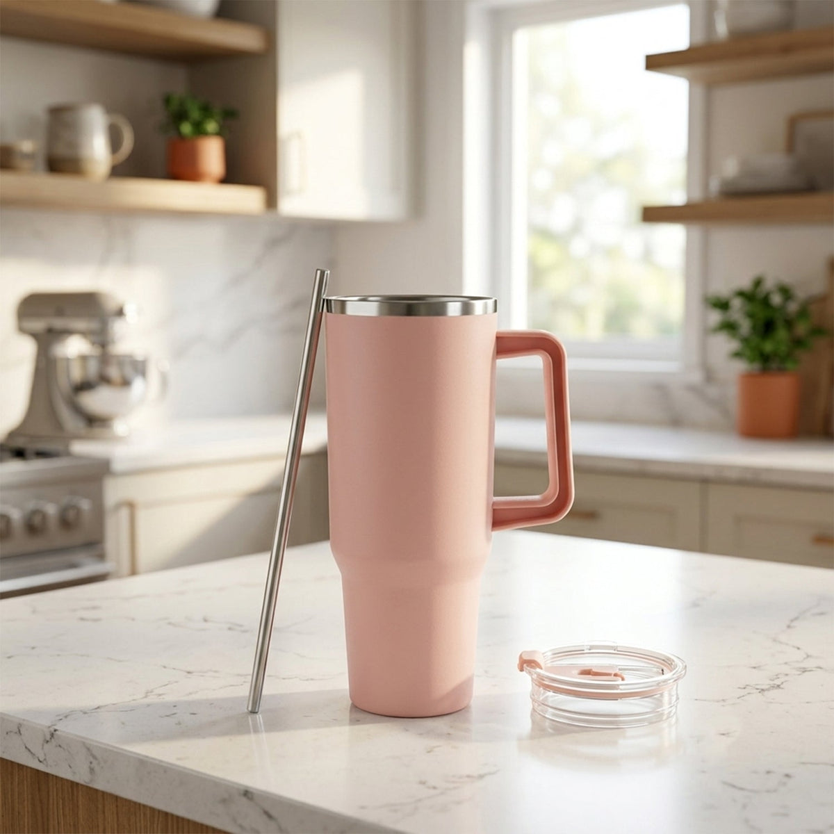 A pink travel tumbler with a handle, a metal straw, and its clear lid are displayed on a kitchen counter.
