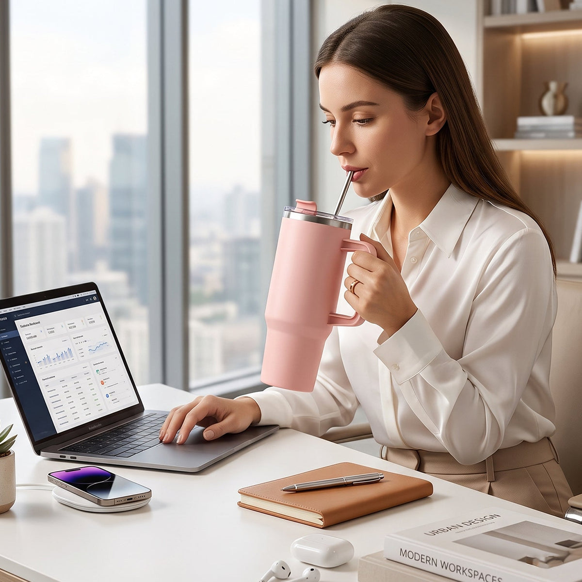 A woman sips from a pink travel tumbler with a straw while working on a laptop at an office desk.