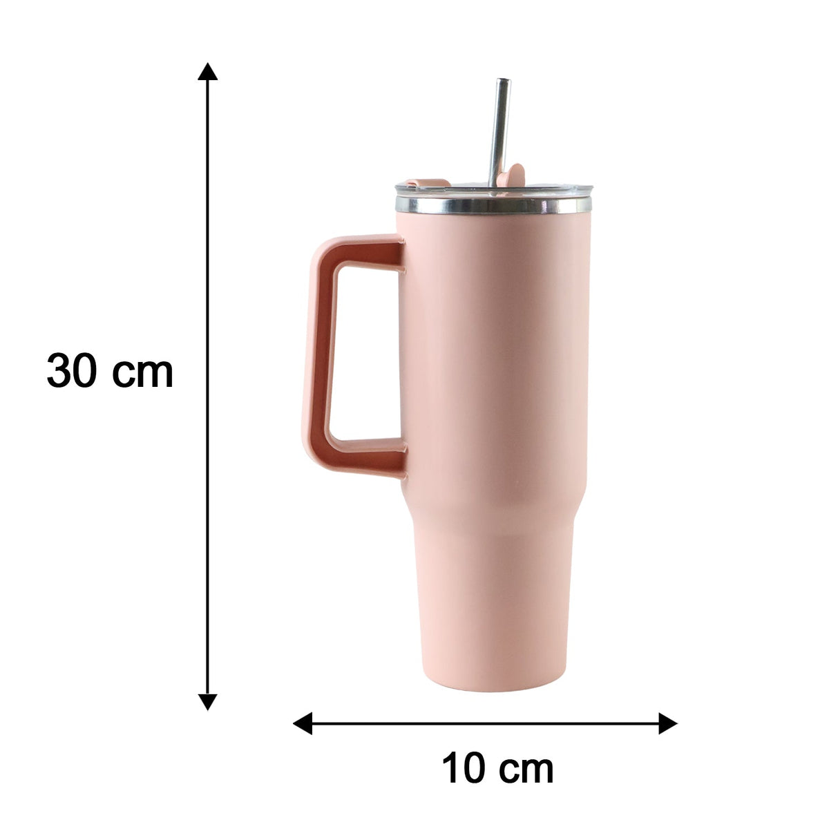 A pink travel tumbler with a handle and straw is shown with dimensions of 30 cm height and 10 cm width.