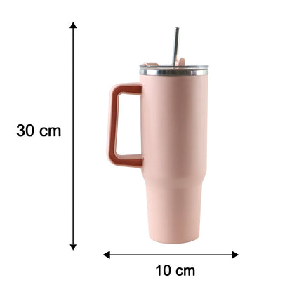 A pink travel tumbler with a handle and straw is shown with dimensions of 30 cm height and 10 cm width.