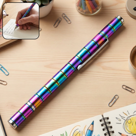 A rainbow-colored magnetic fidget pen lies on a wooden desk with a hand writing with the pen in an inset.