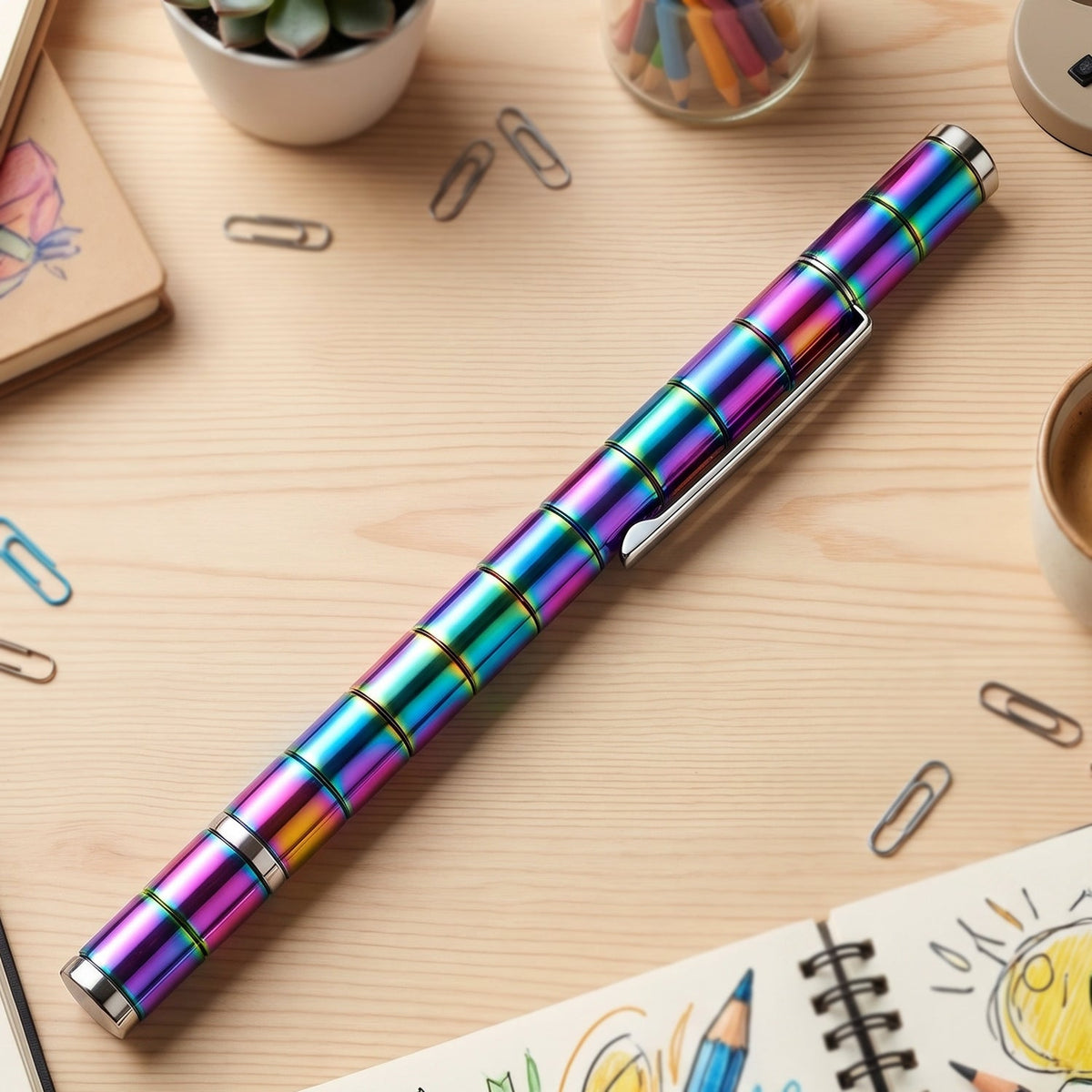A rainbow-colored magnetic fidget pen lies on a wooden desk with stationery items scattered around it.