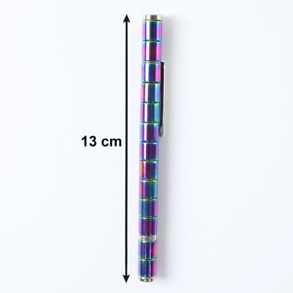 A rainbow-colored magnetic fidget pen with a silver clip is centered vertically on a white background, showing a 13 cm