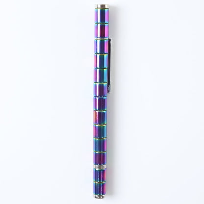 A rainbow-colored magnetic fidget pen with a silver clip is centered vertically on a white background.