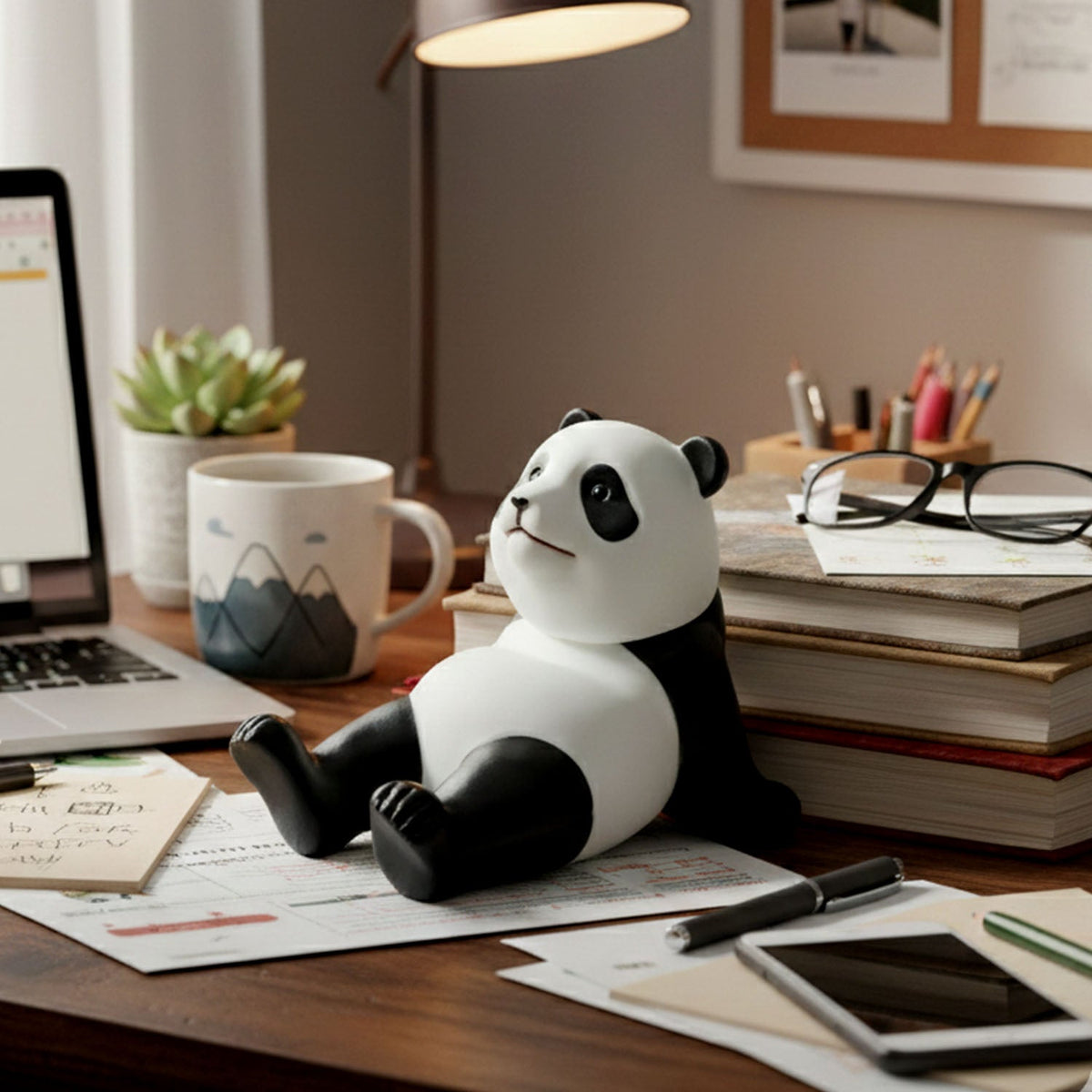A black and white panda figurine sits on a cluttered wooden desk with a laptop, mug, and books in the background.