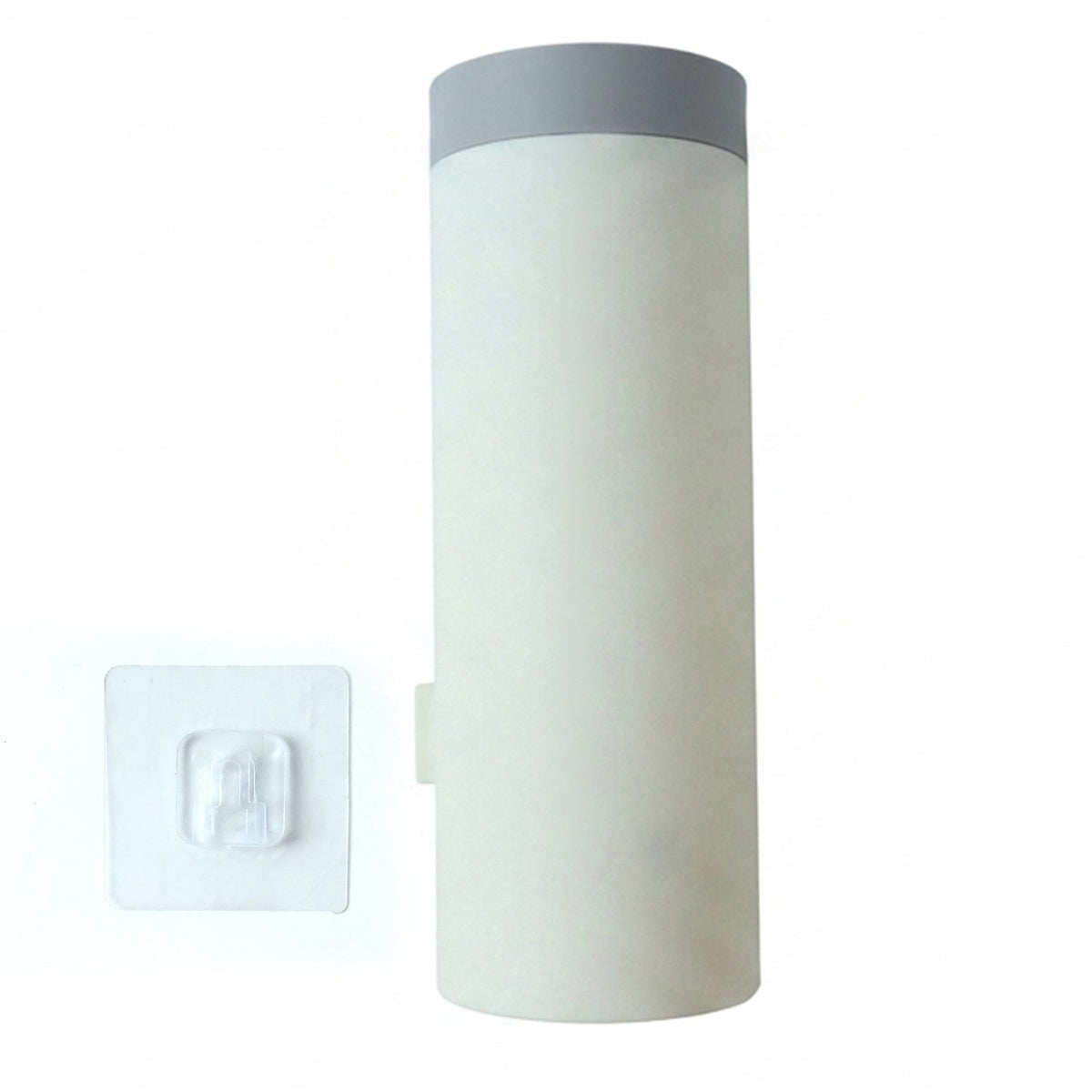 A white cylindrical cup dispenser with a gray lid and a clear adhesive wall hook, against a white background.