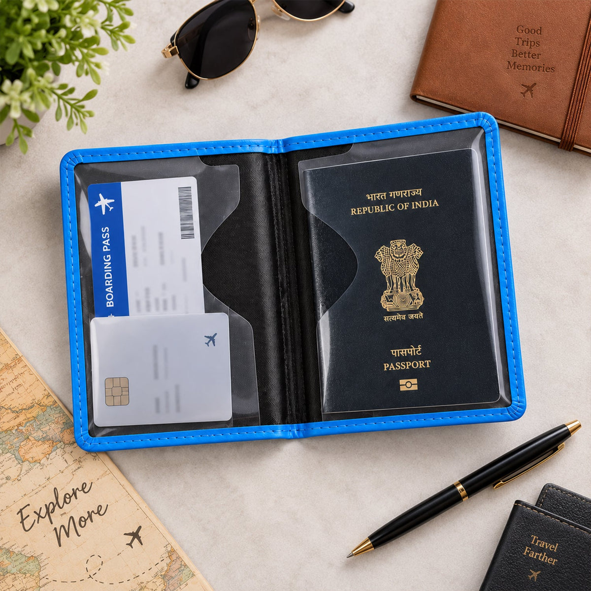 Open blue passport holder with a passport, boarding pass, and card inside on a light wooden table.