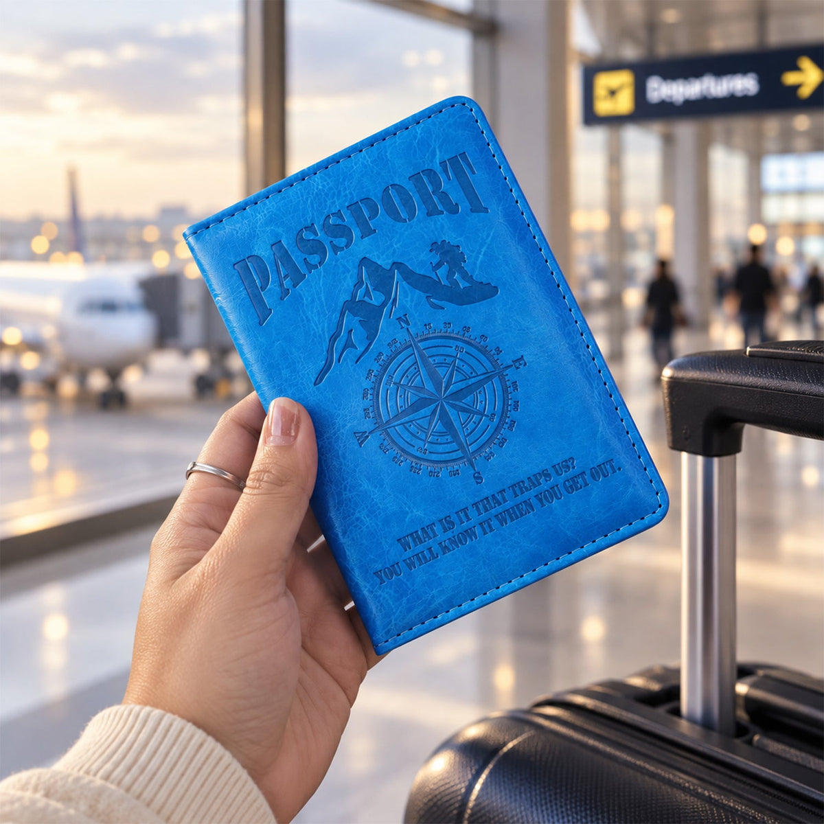 A hand holds the blue passport holder with an embossed design at an airport with an airplane visible outside.