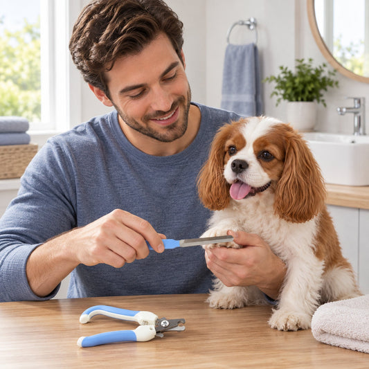 A man carefully files the nails of a small, fluffy brown and white dog on a wooden table, using a blue and silver file.