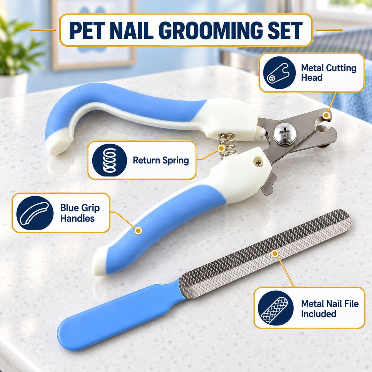 A close-up of the blue and white pet nail clippers and file, with labels pointing to the metal cutting head and return
